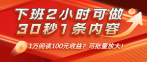 下班2小时可做，30秒1条内容，1万阅读100元收益？可批量放大！-0716网赚平台