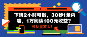 下班2小时可做，30秒1条内容，1万阅读100元收益？可批量放大！-0716网赚平台