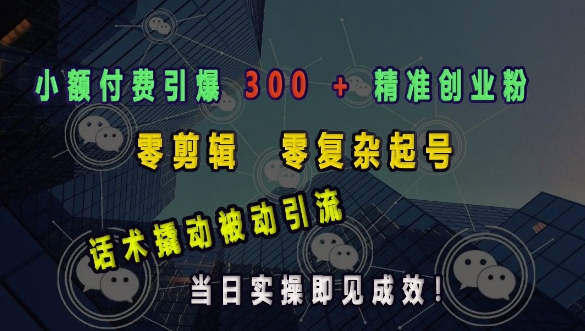 小额付费引爆 300 + 精准创业粉，零剪辑、零复杂起号，话术撬动被动引流，当日实操即见成效-0716网赚平台