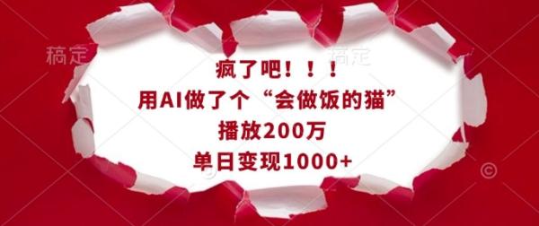 疯了吧！用AI做了个“会做饭的猫”，播放200万，单日变现1k-0716网赚平台